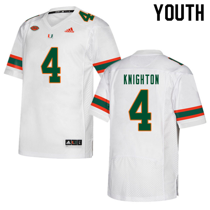 Youth #4 Jaylan Knighton Miami Hurricanes College Football Jerseys Sale-White - Click Image to Close